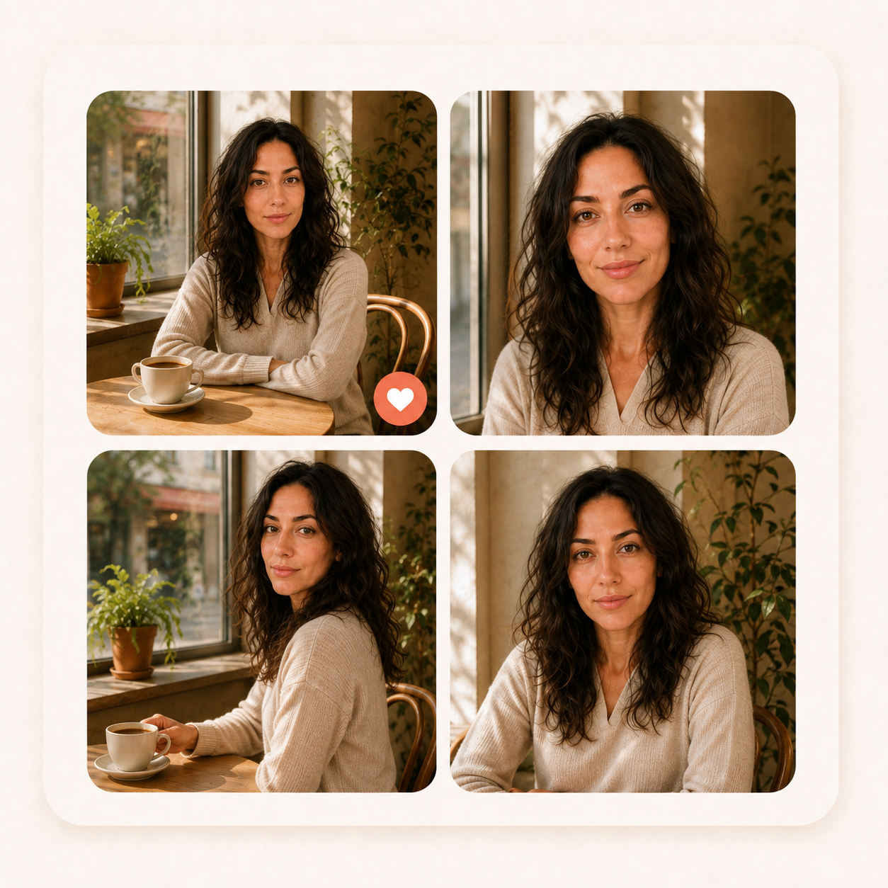 Fictieve voorbeeldset: dezelfde vrouw in vier portretten in het gekozen café. Eén foto is gemarkeerd met een hartje.