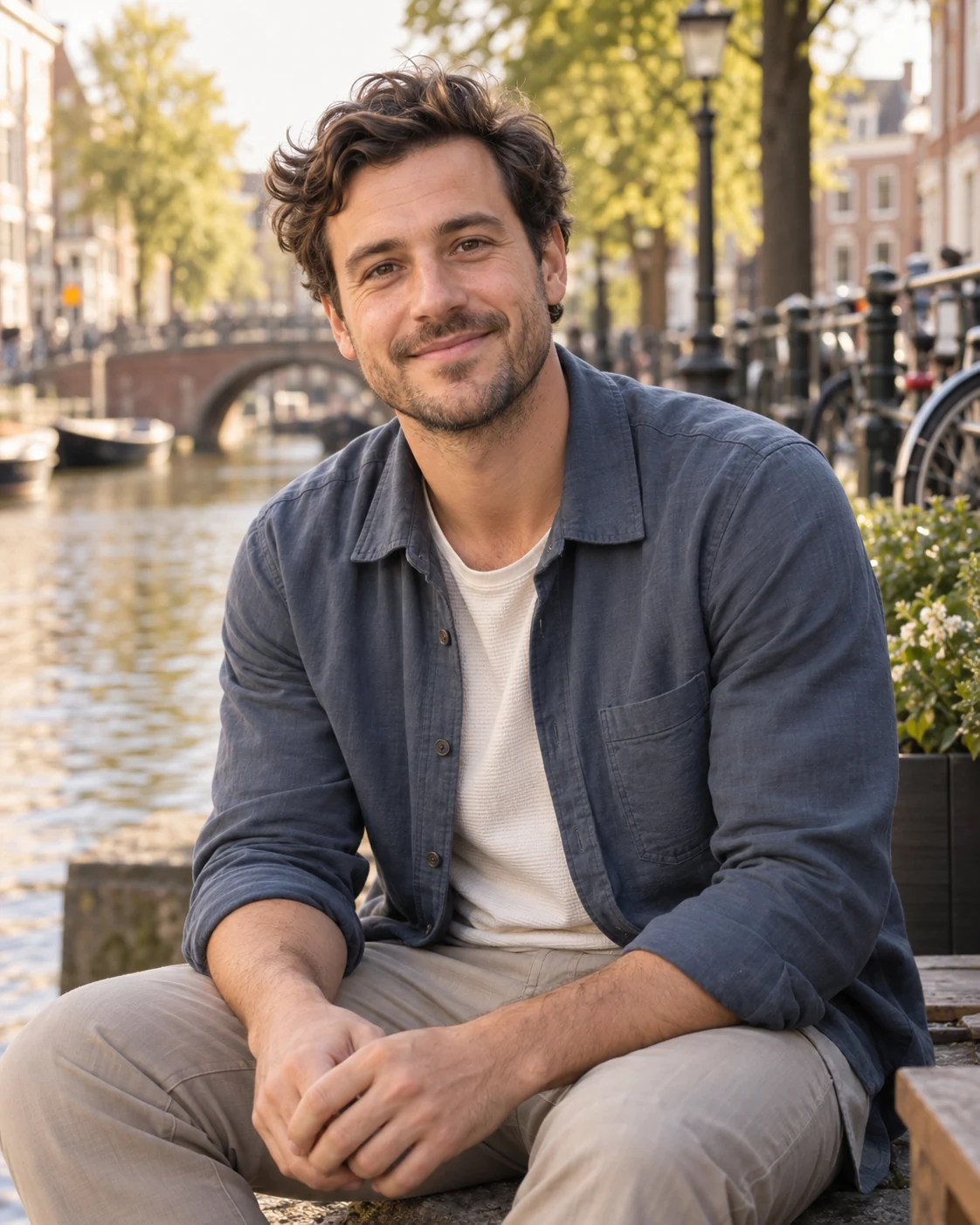 Fictieve man in een blauwe overshirt langs een Nederlandse gracht — AI-stijlvoorbeeld